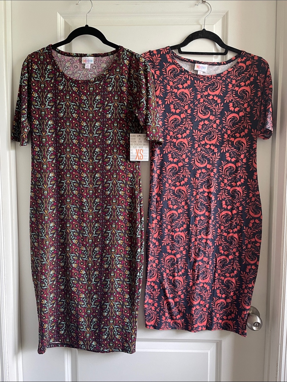 Bundle of 2 LuLaRoe Julia Dresses - floral in Burgundy, Coral XS